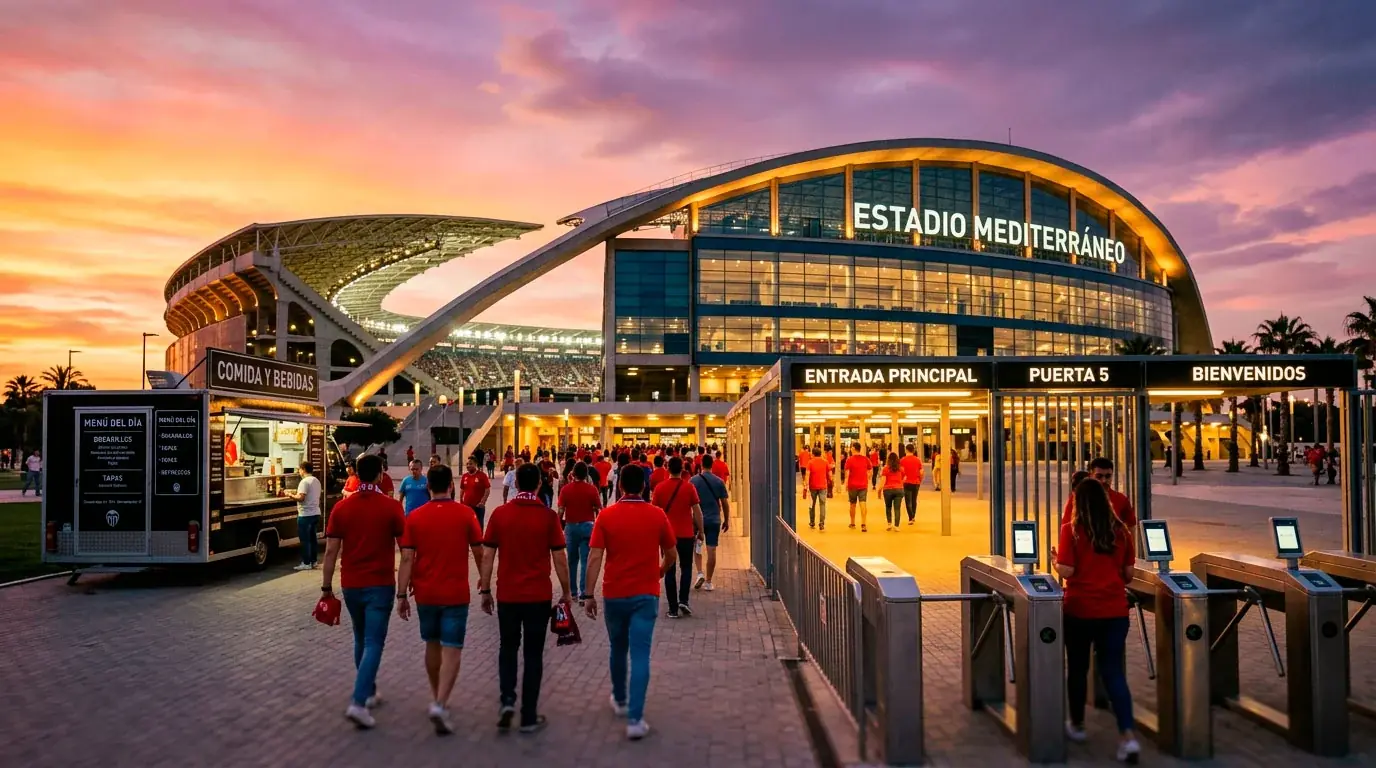 Mercado de apuestas de fútbol en España: estadio con aficionados y ambiente de partido nocturno